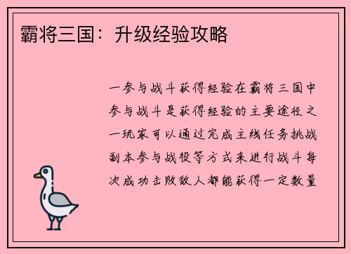 霸将三国：升级经验攻略